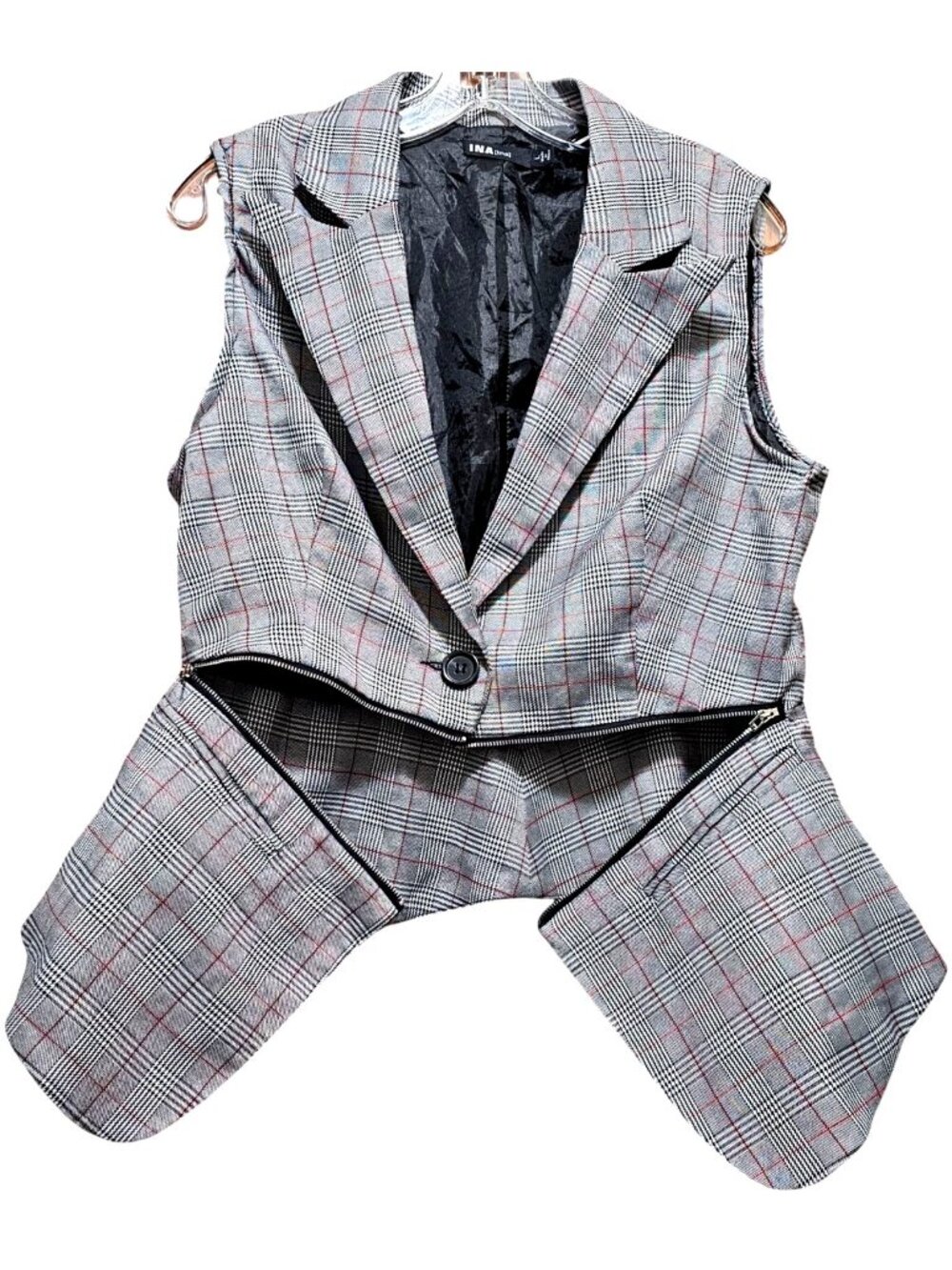 INA [i:na] Women's Plaid Sleeveless Blazer Vest With Zipper Accent Size L - Picture 6 of 13